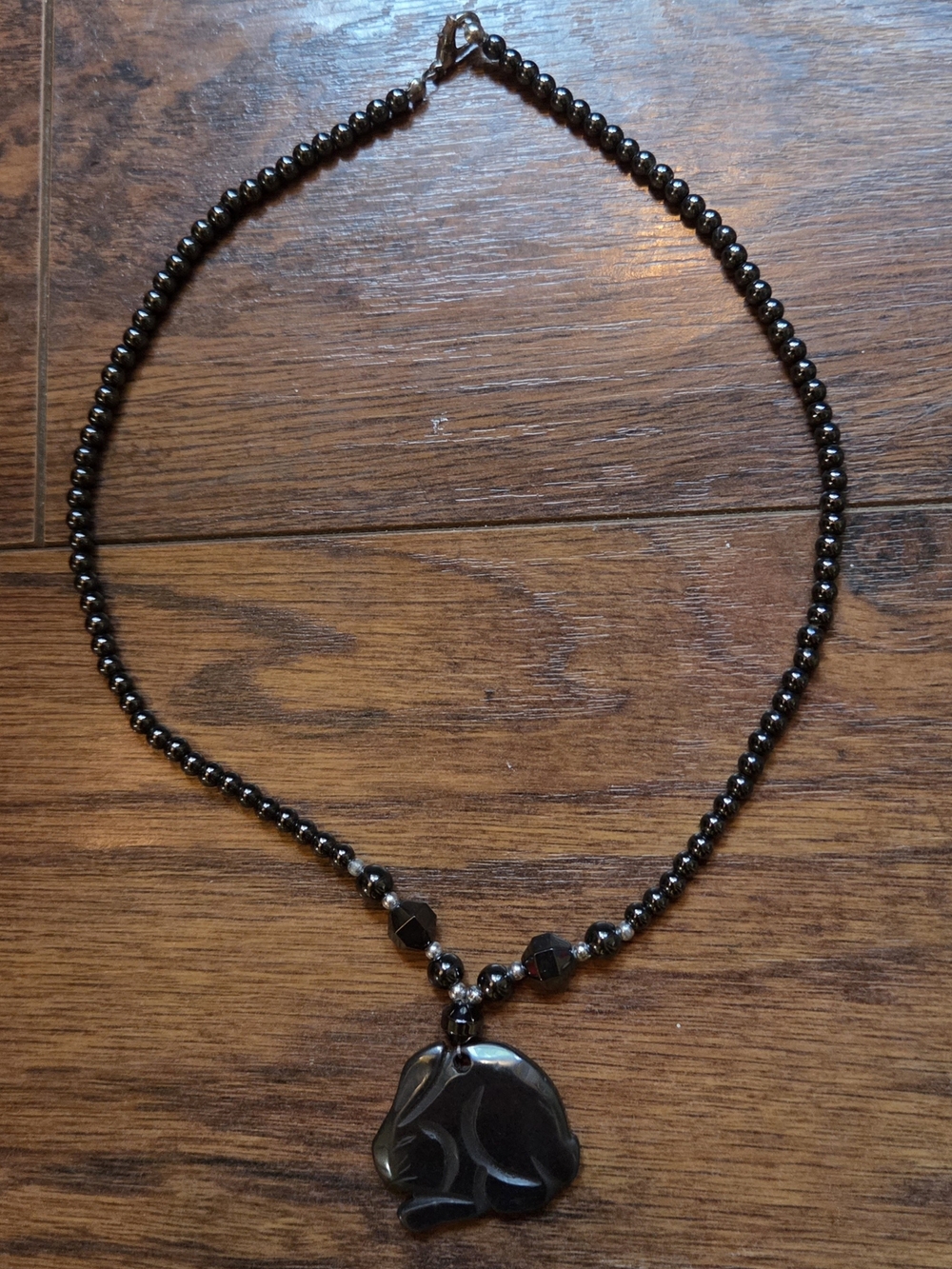 Black Hematite Beaded Necklace with Rabbit Pendant